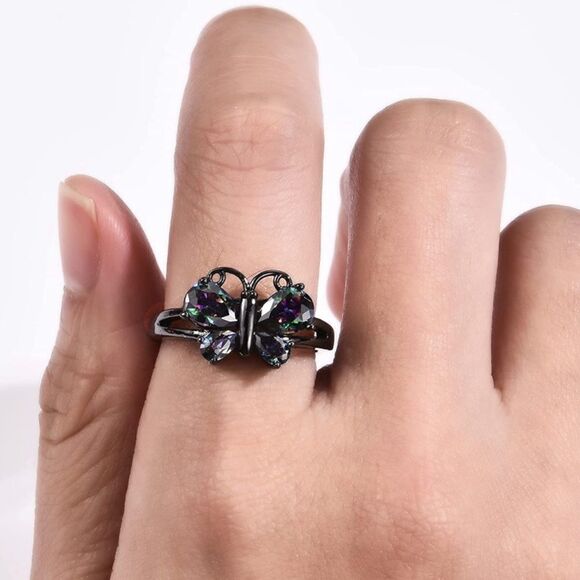 Black Gold and Rainbow Diamond Austrian Crystal Gothic Style Butterfly Ring - Picture 2 of 5